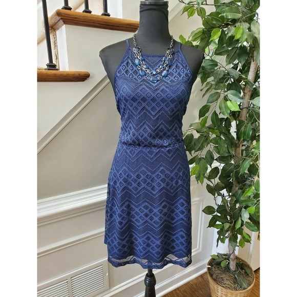 C Women Blue Polyester Halterneck Sleeveless Ruffle Strappy Knee Length Dress L - Picture 1 of 12